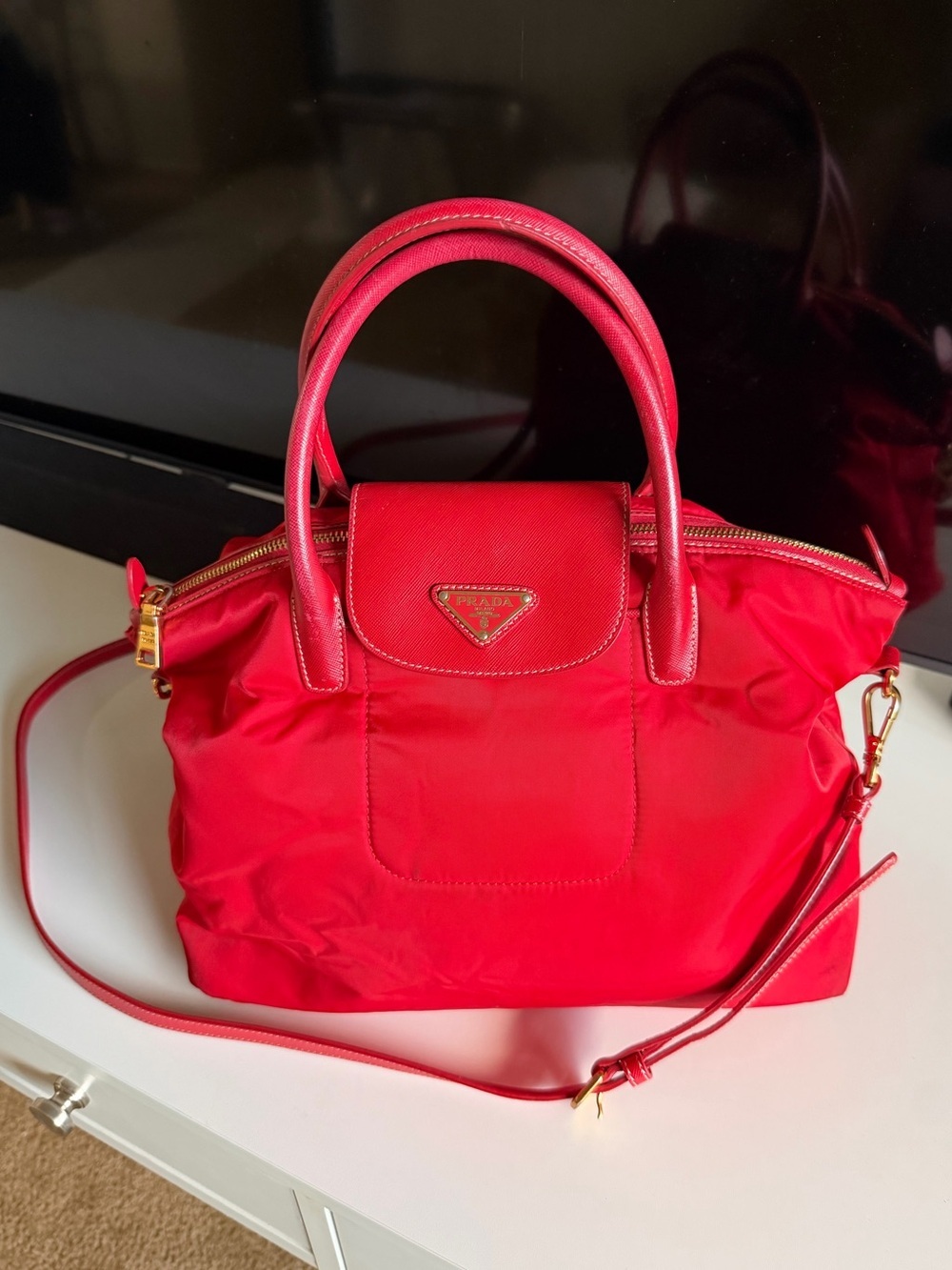 Prada Red Nylon Shoulder Bag with Top Handles